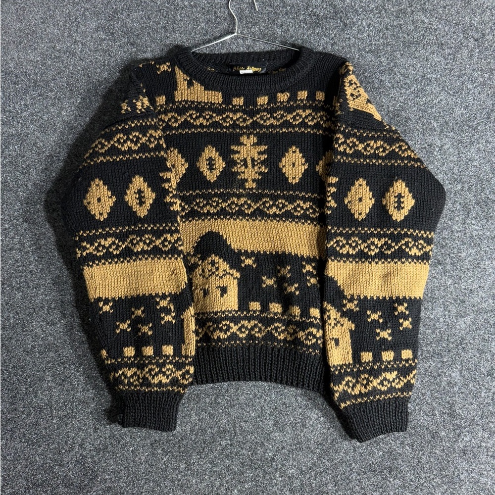 80s Gloria Artiguez Hand Knit Wool Sweater Black/Gold Village Pattern Medium